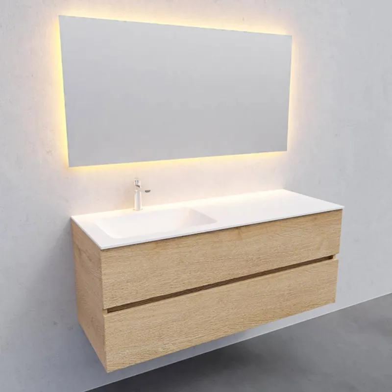 Badkamermeubel Solid Surface AQS Oslo 120x46 cm Links Wood Washed Oak (met 1 kraangat) Direct Verzonden