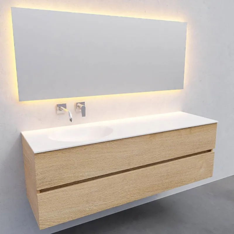 Aanbieding Badkamermeubel Solid Surface AQS Stockholm 150x46 cm Links Wood Washed Oak (0 kraangaten)