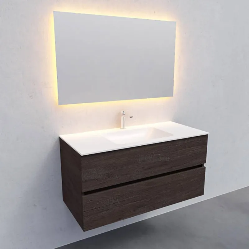 Premium Badkamermeubel Solid Surface AQS Oslo 100x46 cm Midden Wood Dark Brown (met 1 kraangat)