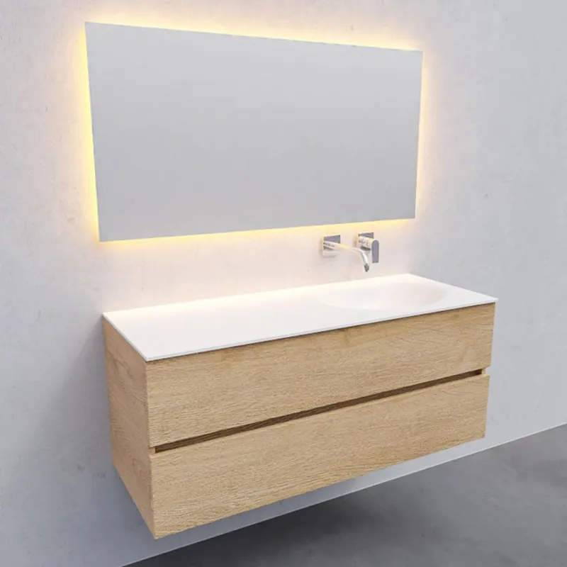 Betaalbaar Badkamermeubel Solid Surface AQS Stockholm 120x46 cm Rechts Wood Washed Oak (0 kraangaten)