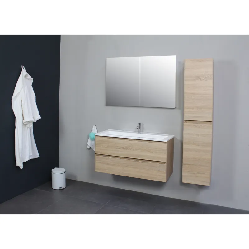 Weekendaanbieding Badkamermeubel BWS Pepper Wastafel Acryl Incl Spiegelkast 2 Deurs Met 1 Kraangat 100x55x46 cm Eiken