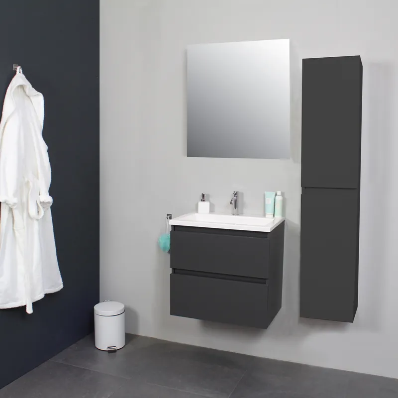 Badkamermeubel Boss & Wessing Pepper Acryl Wastafel Met Kraangat Inclusief Spiegel 60x55x46 cm Antraciet Shop Nu