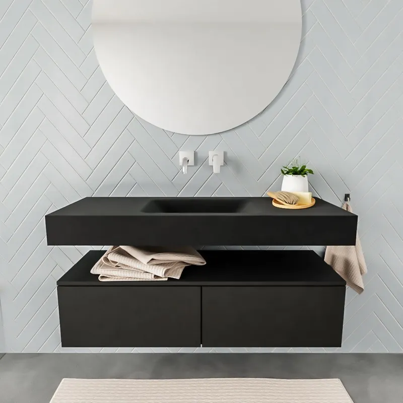 Badkamermeubel AQS Ibiza 120 cm Twee Soft-Close Lades Solid Surface Wastafel Mat Zwart (acht varianten) Tijdelijk Beschikbaar