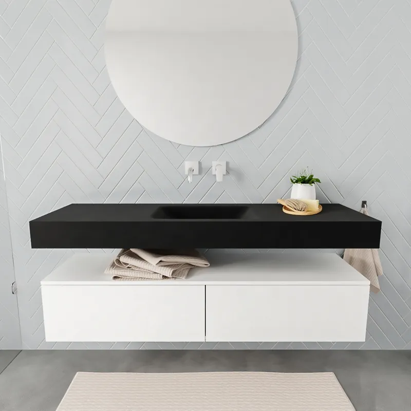 Badkamermeubel AQS Ibiza 150 cm Mat Wit Twee Soft-Close Lades Solid Surface Wastafel Mat Zwart (acht varianten) Op = Op
