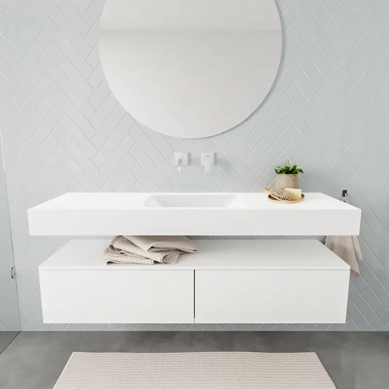 Laatste Versie Badkamermeubel AQS Ibiza 150 cm Twee Soft-Close Lades Solid Surface Wastafel Mat Wit (acht varianten)