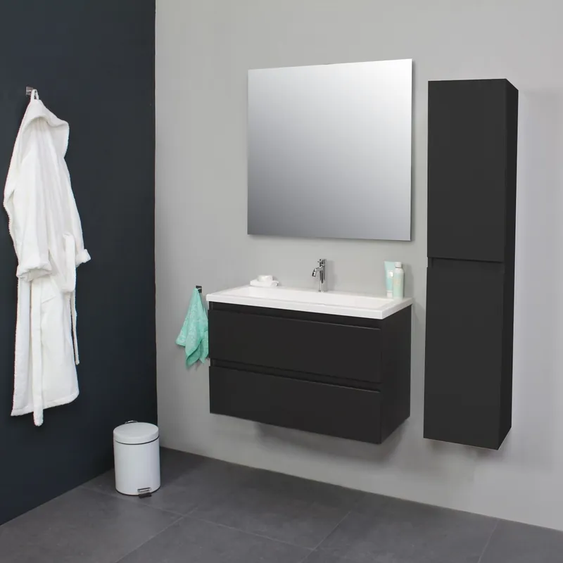 Badkamermeubel Boss & Wessing Pepper Acryl Wastafel Met Kraangat Inclusief Spiegel 80x55x46 cm Antraciet Flitsaanbieding