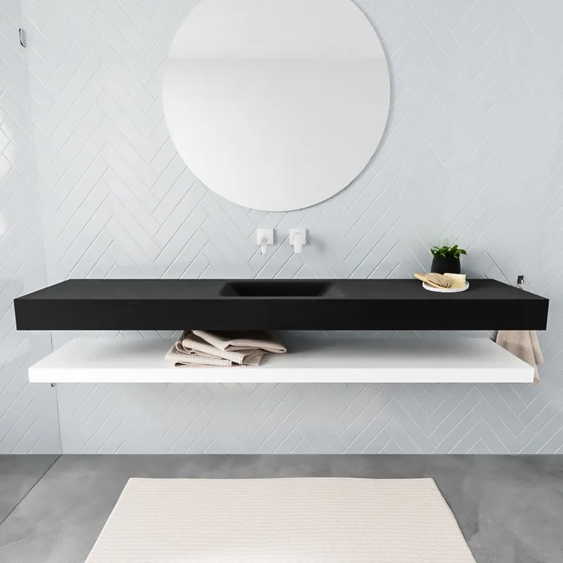 Lage Kosten Badkamermeubel AQS Ibiza 200 cm met Mat Wit Planchet Solid Surface Wastafel Mat Zwart (acht varianten)
