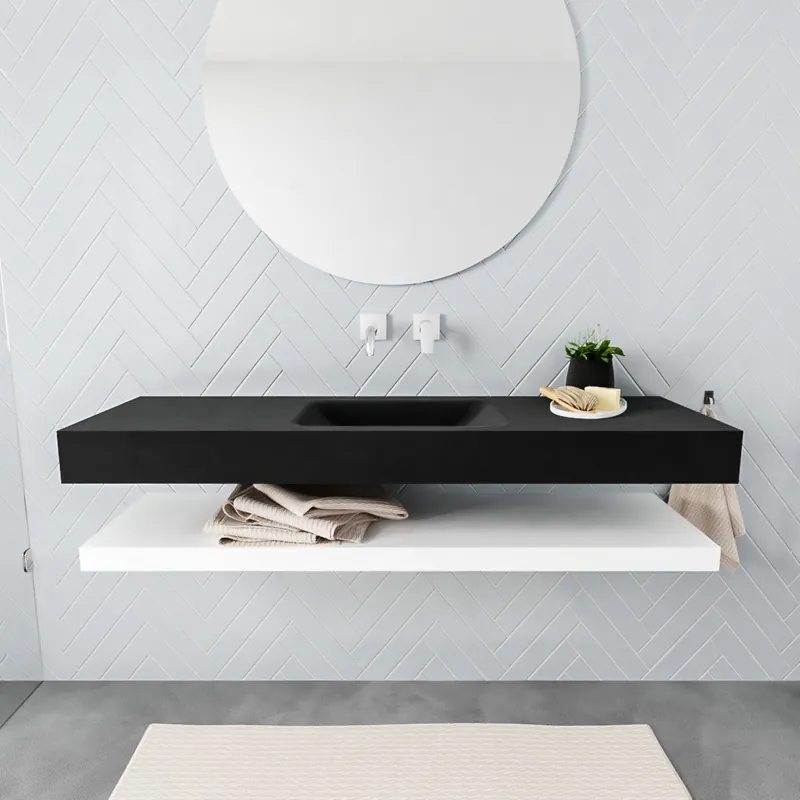 Aanbieding Badkamermeubel AQS Ibiza 150 cm met Mat Wit Planchet Solid Surface Wastafel Mat Zwart (acht varianten)