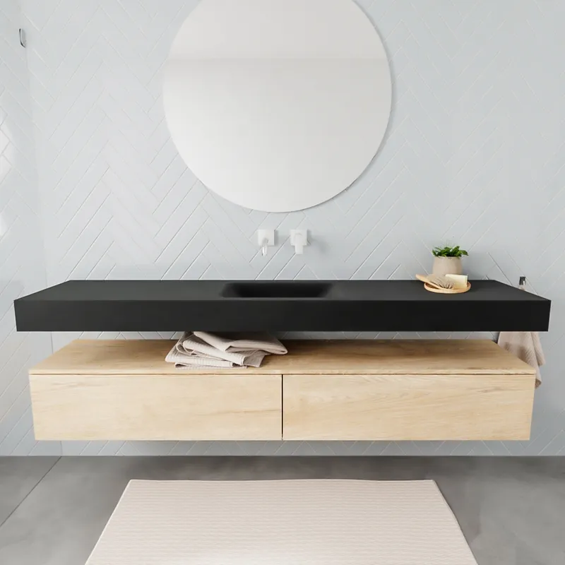 Badkamermeubel AQS Ibiza 200 cm Washed Oak Twee Soft-Close Lades Solid Surface Wastafel Mat Zwart (acht varianten) Laatste Versie