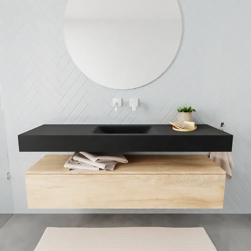Badkamermeubel AQS Ibiza 150 cm Washed Oak Solid Surface Wastafel Mat Zwart (acht varianten) Alleen Vandaag