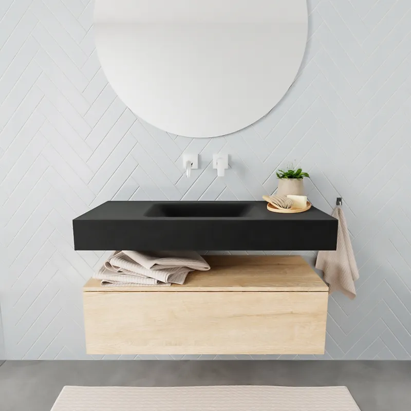 Badkamermeubel AQS Ibiza 100 cm Washed Oak Solid Surface Wastafel Mat Zwart (zes varianten) Finale Uitverkoop