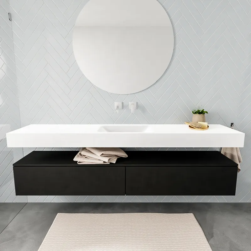 Badkamermeubel AQS Ibiza 200 cm Solid Surface Mat Zwart Twee Soft-Close Lades Wastafel Mat Wit (acht varianten) Gecertificeerd