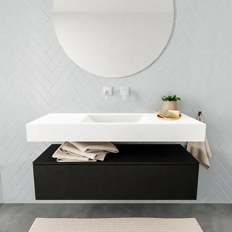 Badkamermeubel AQS Ibiza 120 cm Solid Surface Mat Zwart Wastafel Mat Wit (acht varianten) Actieprijs