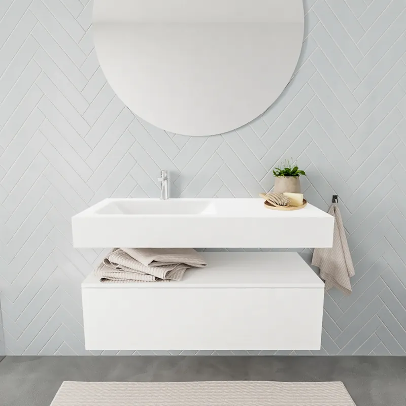 Nu Kopen Badkamermeubel AQS Ibiza 100 cm Solid Surface Wastafel Mat Wit (zes varianten)