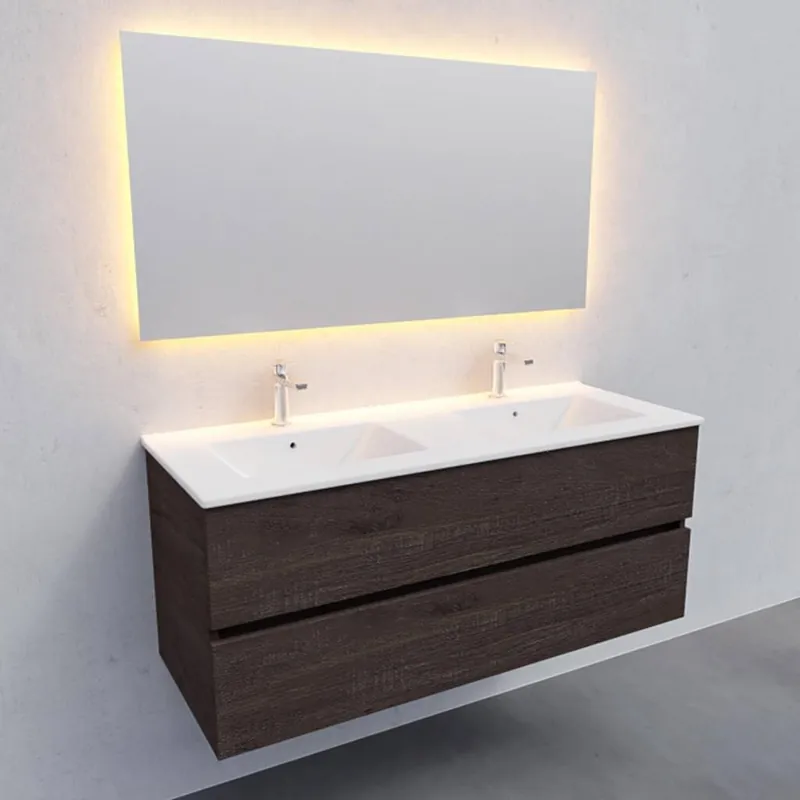 Badkamermeubel AQS Helsinki 120x46cm Keramiek Dubbel Wood Dark Brown 2 Laden (2 kraangaten) Lage Prijs