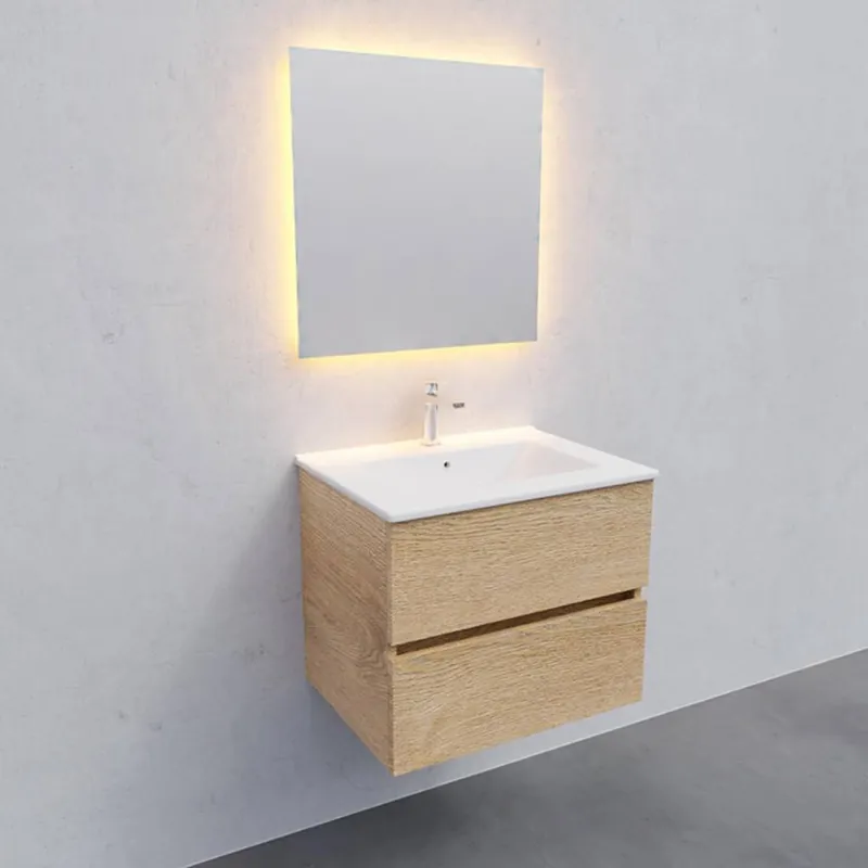 Badkamermeubel AQS Helsinki 60x46cm Keramiek Wood Washed Oak 2 Laden (1 kraangat) Actieprijs