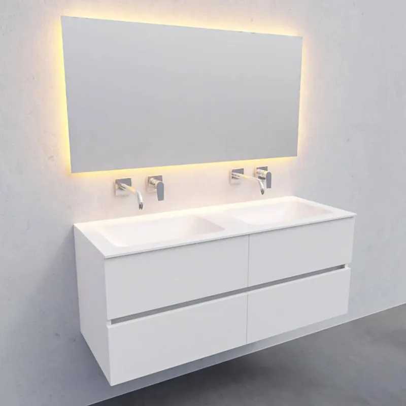 Badkamermeubel Solid Surface AQS Oslo 120x46 cm Dubbel Mat Wit 4 Laden (0 kraangaten) Gecertificeerd
