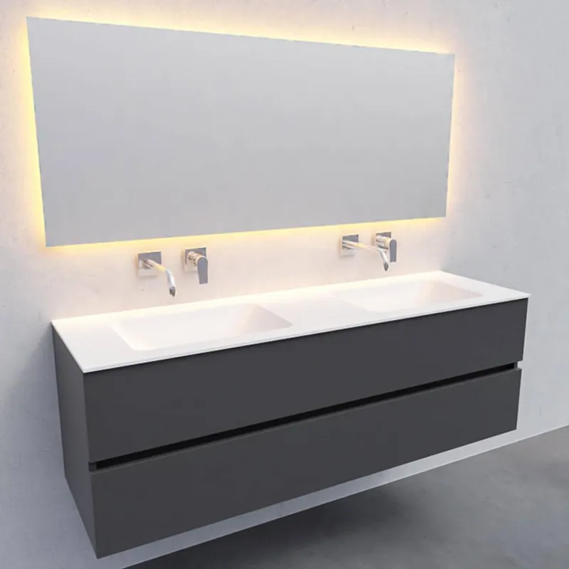 Badkamermeubel Solid Surface AQS Oslo 150x46 cm Dubbel Mat Antraciet (0 kraangaten) Snelle Levering