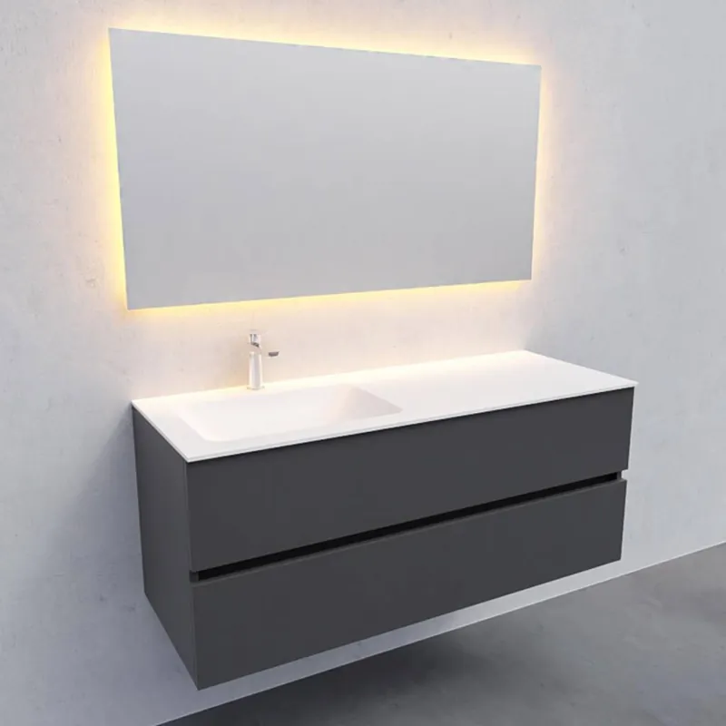 Badkamermeubel Solid Surface AQS Oslo 120x46 cm Links Mat Antraciet (met 1 kraangat) Exclusieve Aanbieding