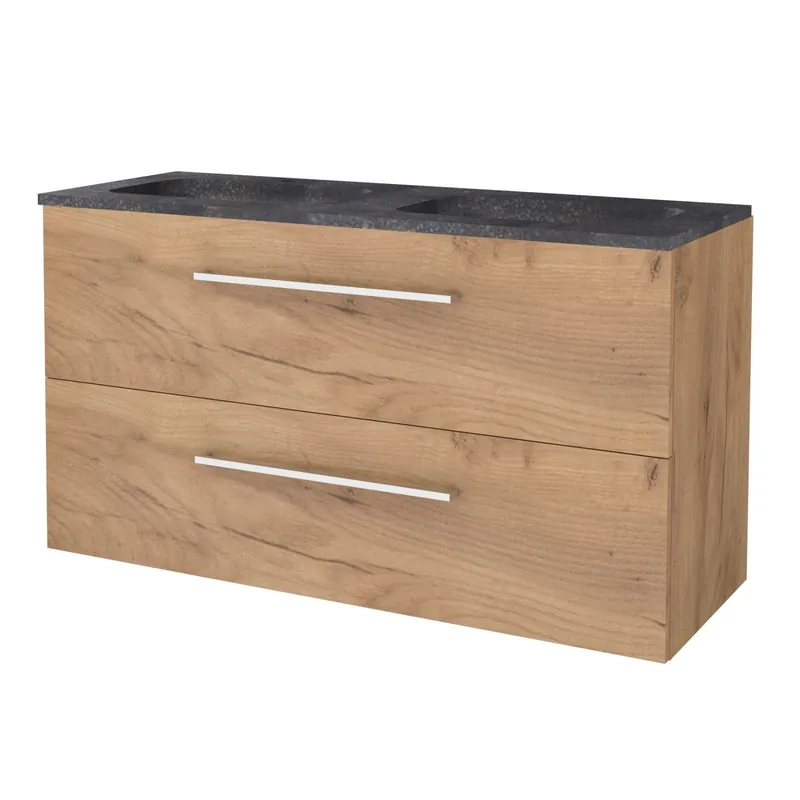 Badmeubelset Aquasplash Salt 120x46cm Met Grepen (Kleurkeuze) 2 Lades Met Wastafel Hardsteen 2 Kraangaten Whisky Oak Actieprijs