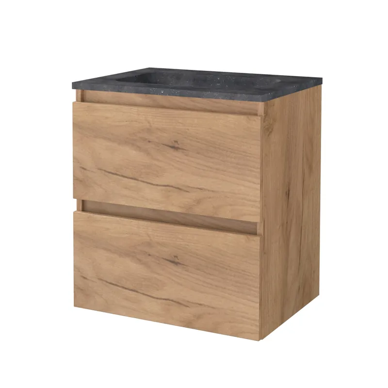 Laatste Kans Badmeubelset Aquasplash Salt 60x46cm Greeploos 2 Lades Met Wastafel Hardsteen Whisky Oak