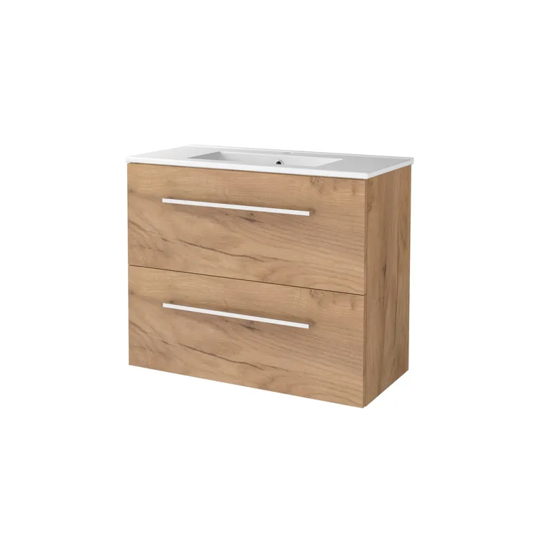 Badmeubelset Aquasplash Salt 80x39cm Met Grepen (Kleurkeuze) 2 Lades Met Wastafel 1 Kraangat Whisky Oak Aanbieding