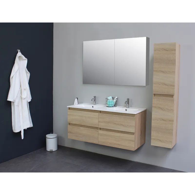 Badkamermeubel BWS Pepper Wastafel Porselein 2 Kraangaten Spiegelkast 120x55x46 cm Eiken Flitsaanbieding
