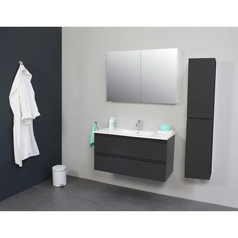 Betrouwbaar Badkamermeubel BWS Pepper Wastafel Porselein Incl Spiegelkast 2 Deurs Met 1 Kraangat 100x55x46 cm Antraciet