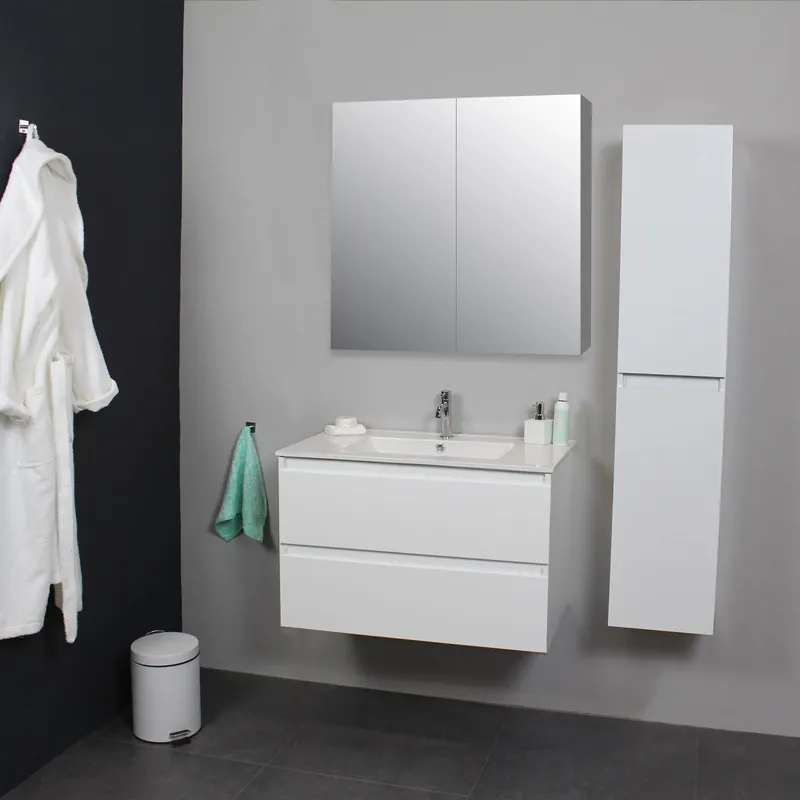 Meest Verkocht Badkamermeubel BWS Pepper Wastafel Porselein Incl Spiegelkast 2 Deurs Met 1 Kraangat 80x55x46 cm Wit