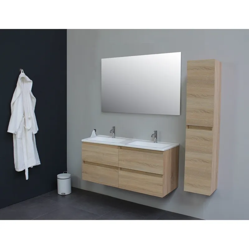 Badkamermeubel Boss & Wessing Pepper Acryl Wastafel Incl Spiegel Twee Kraangaten 120x55x46 cm Eiken Bestseller