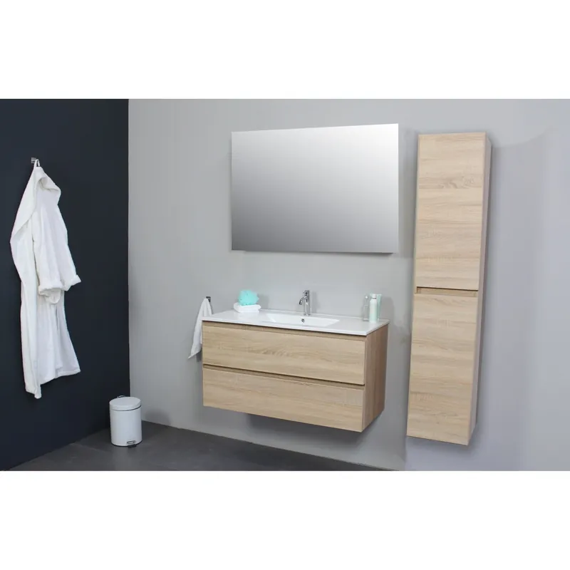 Badkamermeubel Boss & Wessing Pepper Wastafel Porselein Incl Spiegel En Kraangat 100x55x46 cm Eiken Koop Vandaag