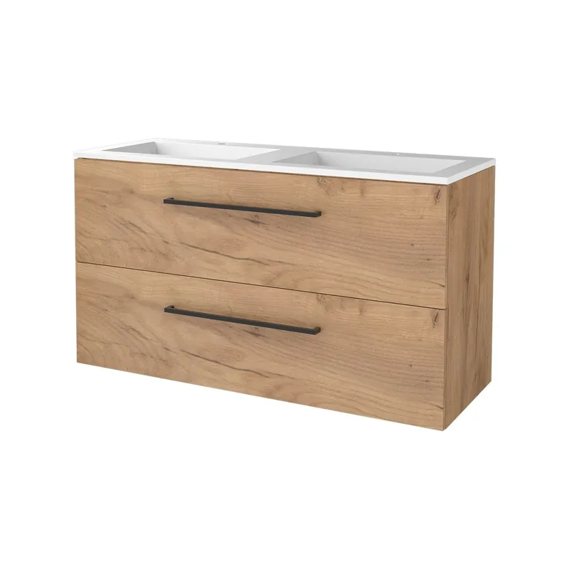 Alleen Vandaag Badmeubelset Aquasplash Salt 120x46cm Met Grepen (Kleurkeuze) 2 Lades Met Wastafel 2 Kraangaten Whisky Oak