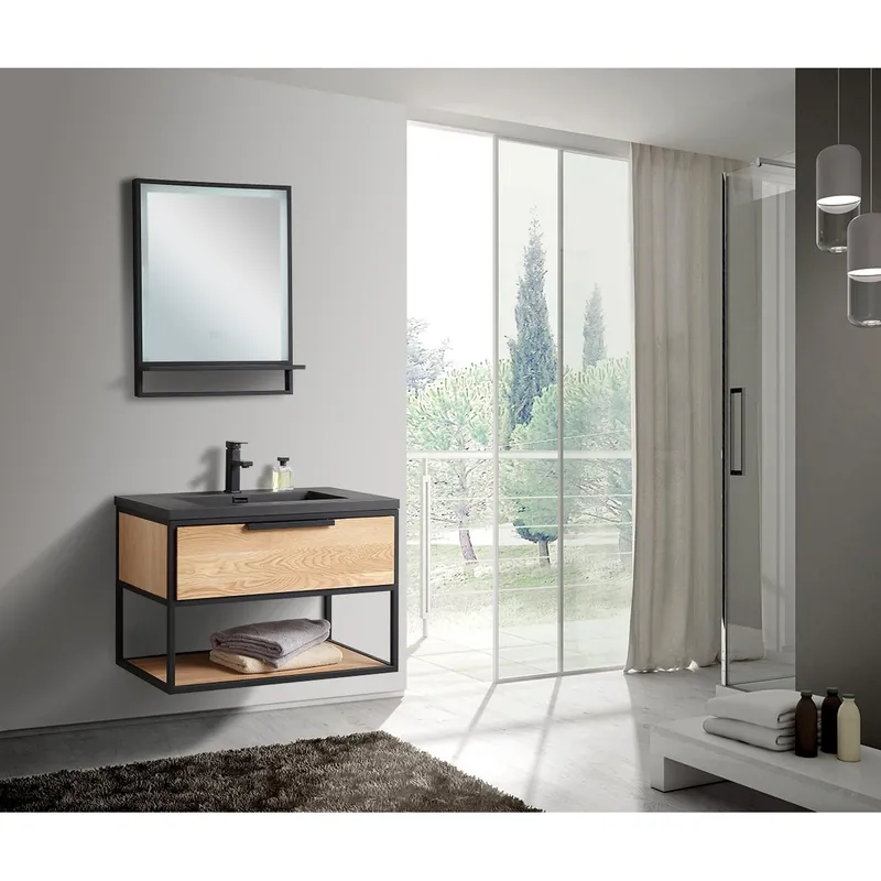 Voordeelprijs Badkamermeubel Casajoy New York 80x46x50cm Eiken Met Zwart RVS Frame