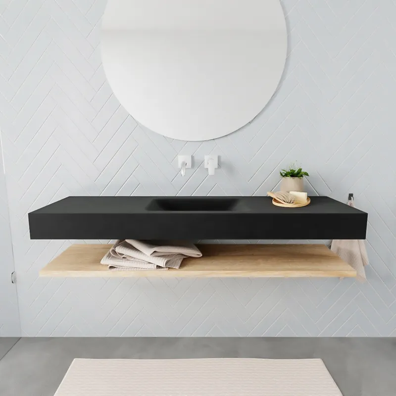 Badkamermeubel AQS Ibiza 150 cm met Washed Oak Planchet Solid Surface Wastafel Mat Zwart (acht varianten) Superprijs