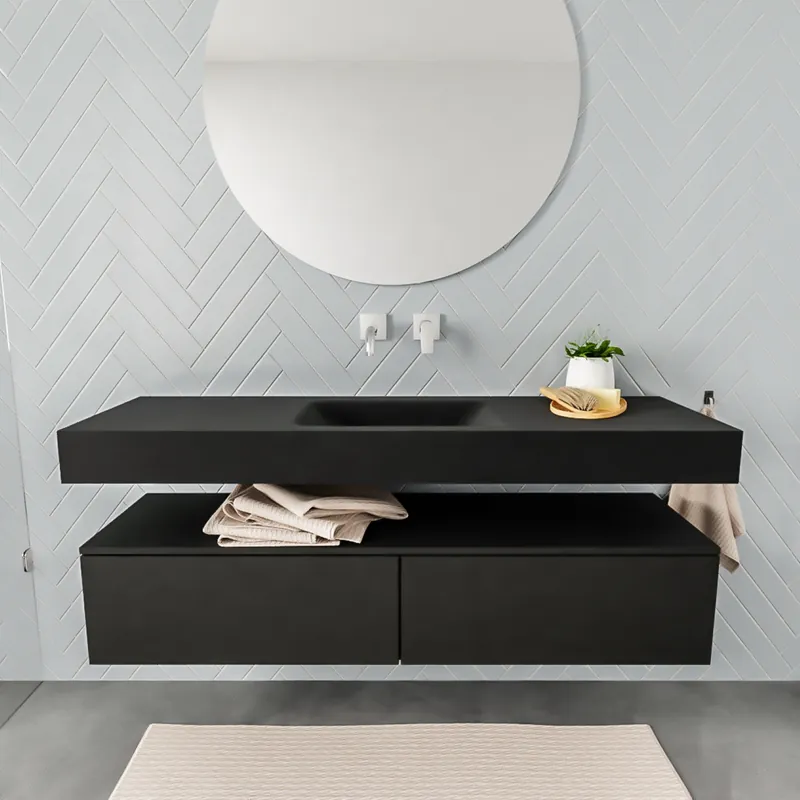 Dagaanbieding Badkamermeubel AQS Ibiza 150 cm Twee Soft-Close Lades Solid Surface Wastafel Mat Zwart (acht varianten)