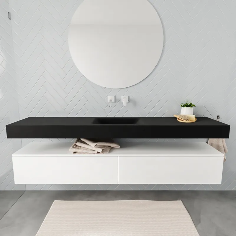 Badkamermeubel AQS Ibiza 200 cm Mat Wit Twee Soft-Close Lades Solid Surface Wastafel Mat Zwart (acht varianten) Uitverkoop