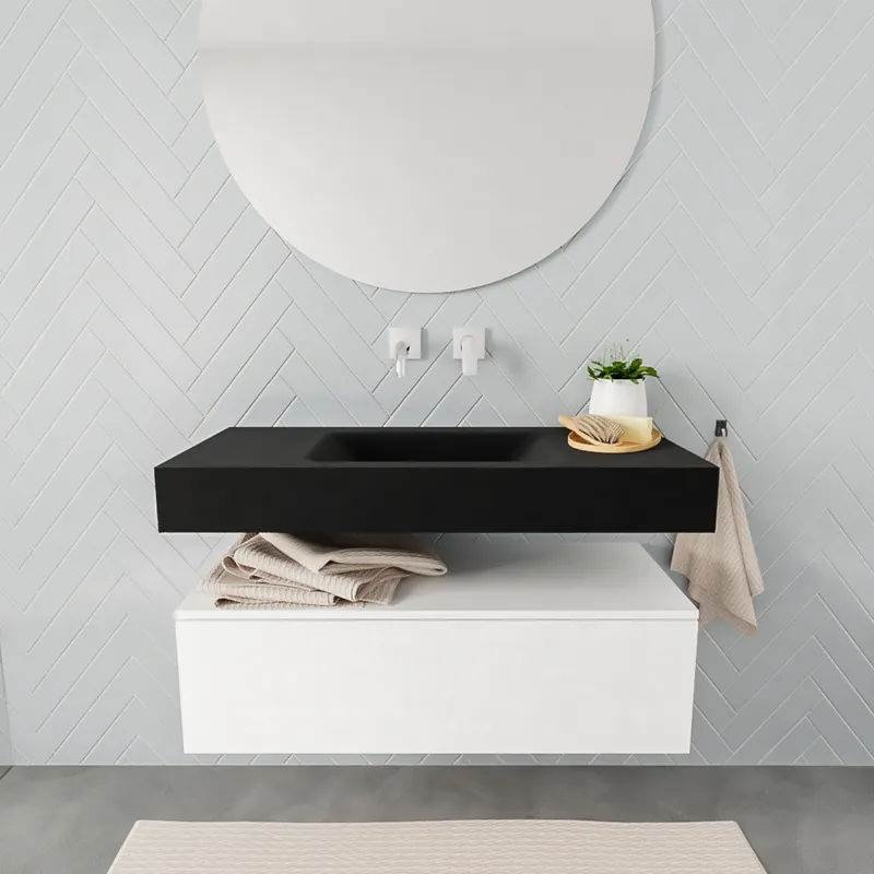 Op = Op Badkamermeubel AQS Ibiza 100 cm Mat Wit Solid Surface Wastafel Mat Zwart (zes varianten)