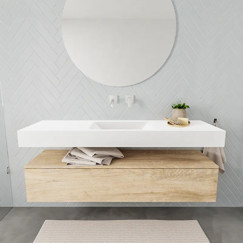 Rechtstreeks Van De Fabrikant Badkamermeubel AQS Ibiza 150 cm Washed Oak Solid Surface Wastafel Mat Wit (acht varianten)