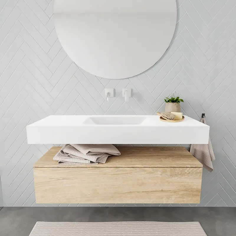 Badkamermeubel AQS Ibiza 120 cm Washed Oak Solid Surface Wastafel Mat Wit (acht varianten) Superprijs