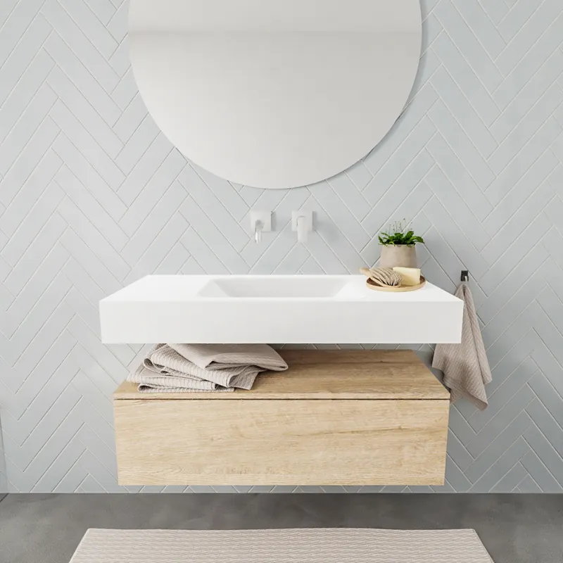 Badkamermeubel AQS Ibiza 100 cm Washed Oak Solid Surface Wastafel Mat Wit (zes varianten) Speciale Aanbieding