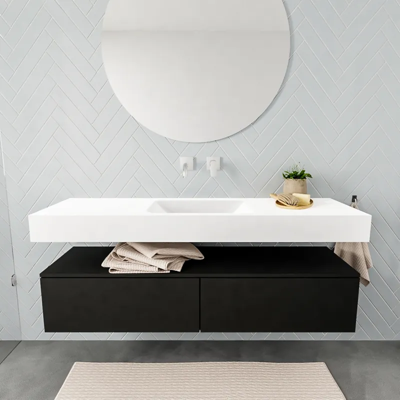 Superprijs Badkamermeubel AQS Ibiza 150 cm Solid Surface Mat Zwart Twee Soft-Close Lades Wastafel Mat Wit (acht varianten)