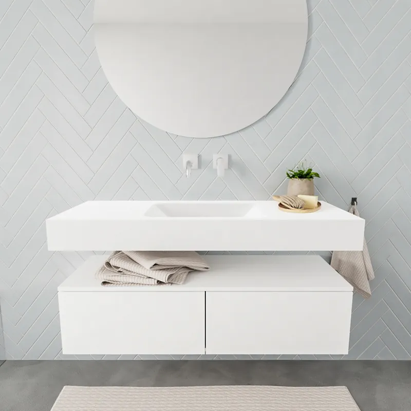 Populair Badkamermeubel AQS Ibiza 120 cm Twee Soft-Close Lades Solid Surface Wastafel Mat Wit (acht varianten)